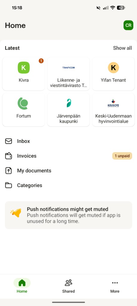 Kivra home screen